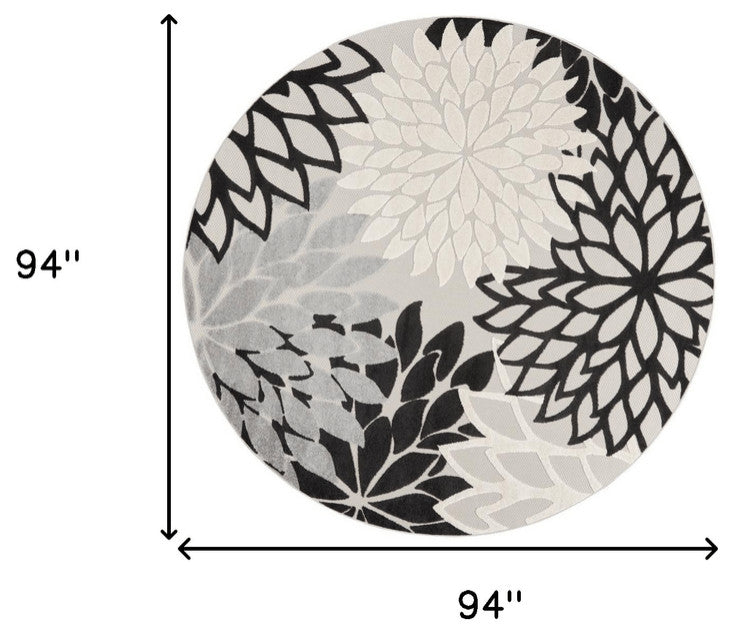 8' X 8' Black And White Round Floral Non Skid Indoor Outdoor Area Rug