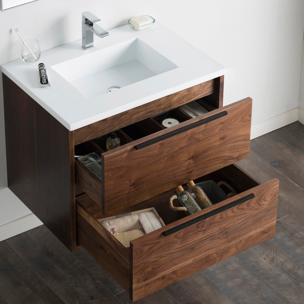 Vanity Alfred 31 With Integrated Solid Surface counter top, American Walnut, Pol