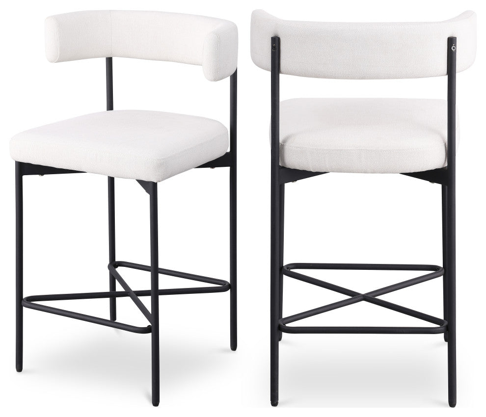 Rivage Durable Linen Textured Fabric Stool (Set of 2), Cream, Matte Black