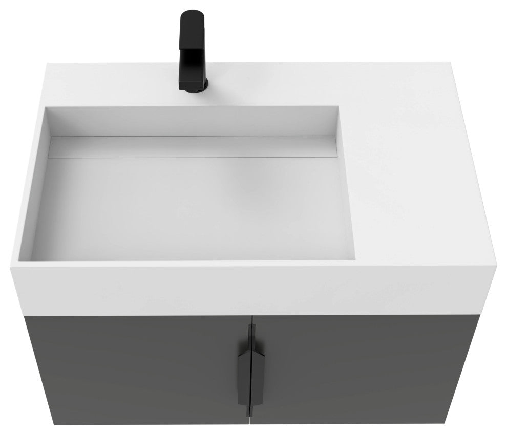 CastelloUSA Amazon 30" Left Wall Mounted Bathroom Vanity Set, Black, White Top, Black Handles