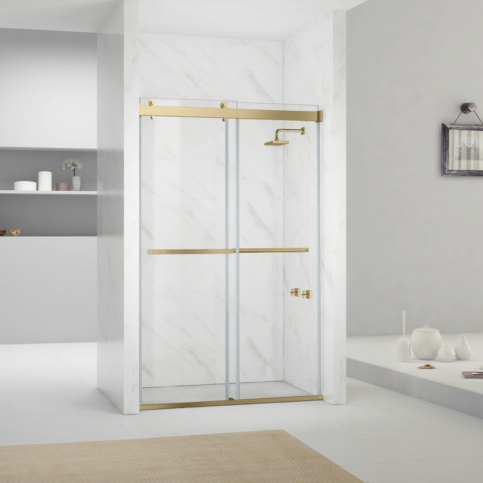 Spezia Double Sliding Frameless Shower Door, Brushed Gold, 56" W X 76" H