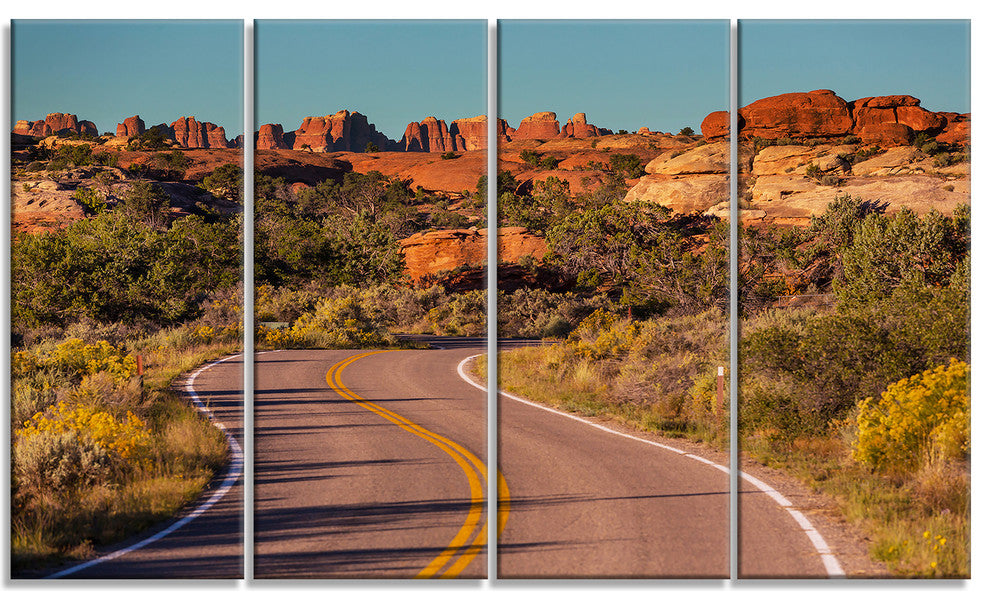 Road in Rocky American Prairie, Landscape Canvas Art Print, 48"x28", 4 Panels