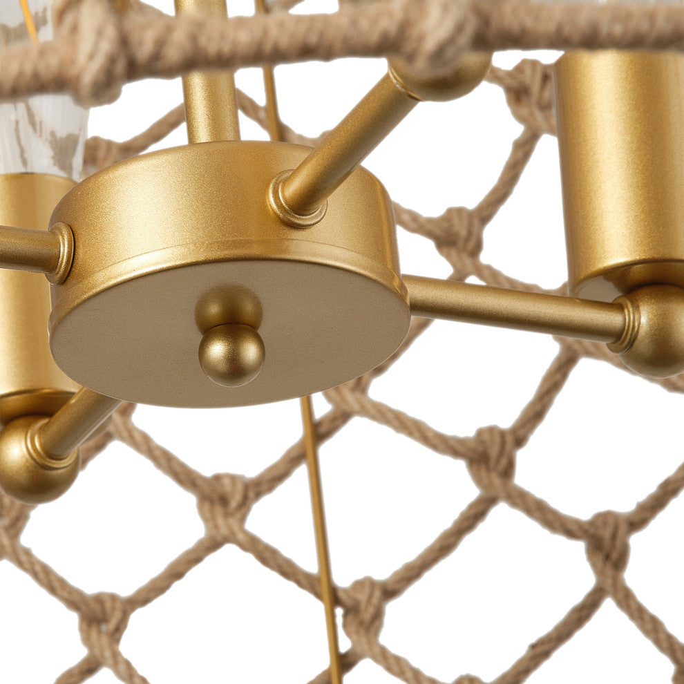 Gold 4-Light Adjustable Pendant Light Fixture With Hemp Rope Woven Craft