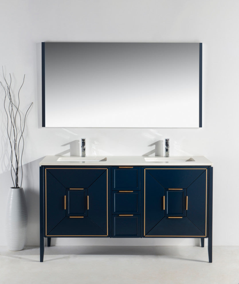 Vetro 60" Vanity With Quartz Counter Top, Gloss White, Navy Blue