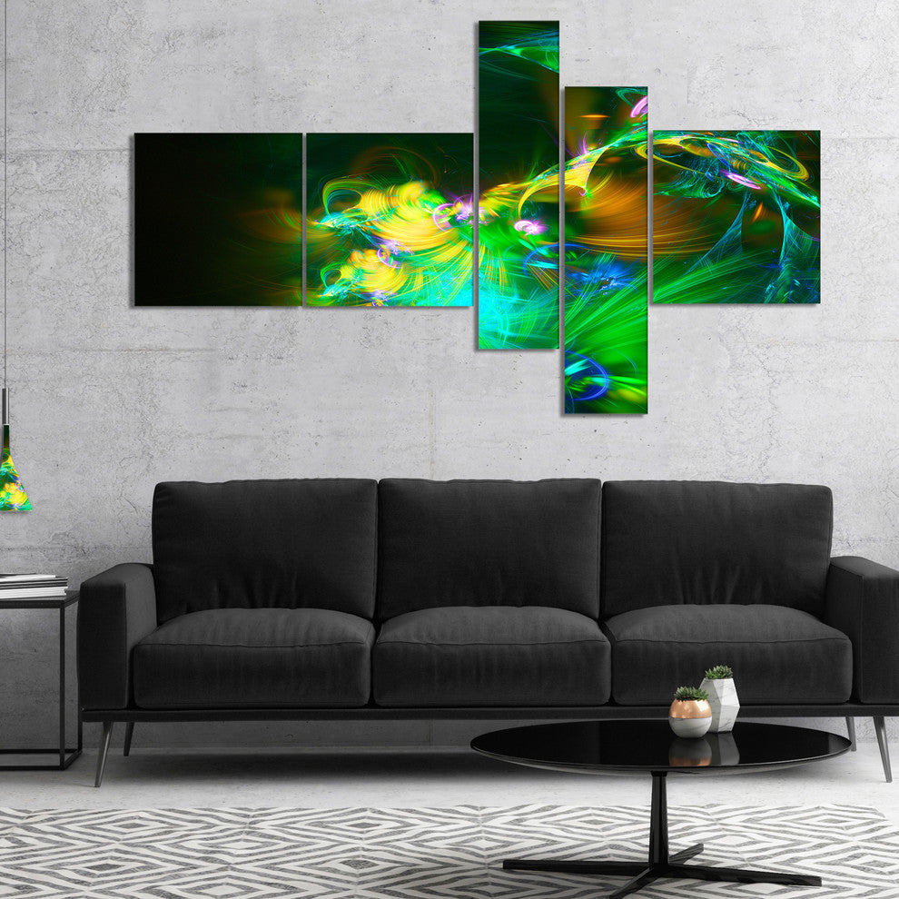 Bright Green Fractal Flower in Dark, Floral Canvas Art print, 60"x32", 5 panels