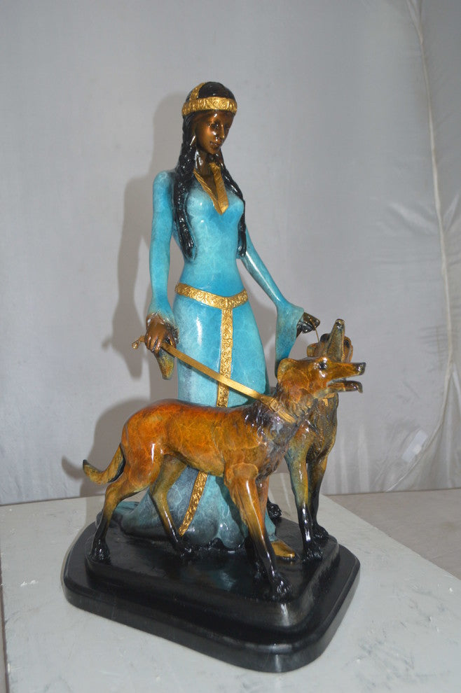 Lady with Her Two Dogs Bronze Statue -  Size: 18"L x 12"W x 23"H.