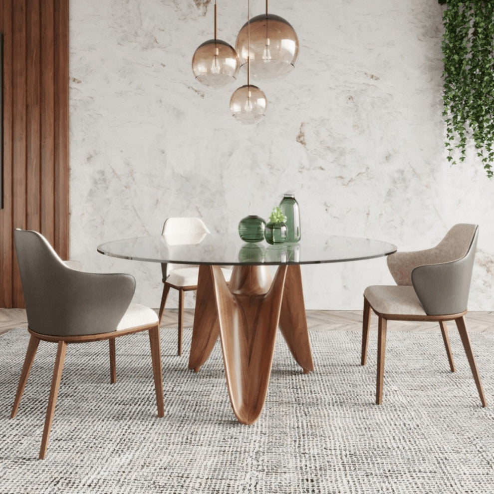59" Clear And Walnut Rounded Glass And Solid Manufactured Wood Dining Table