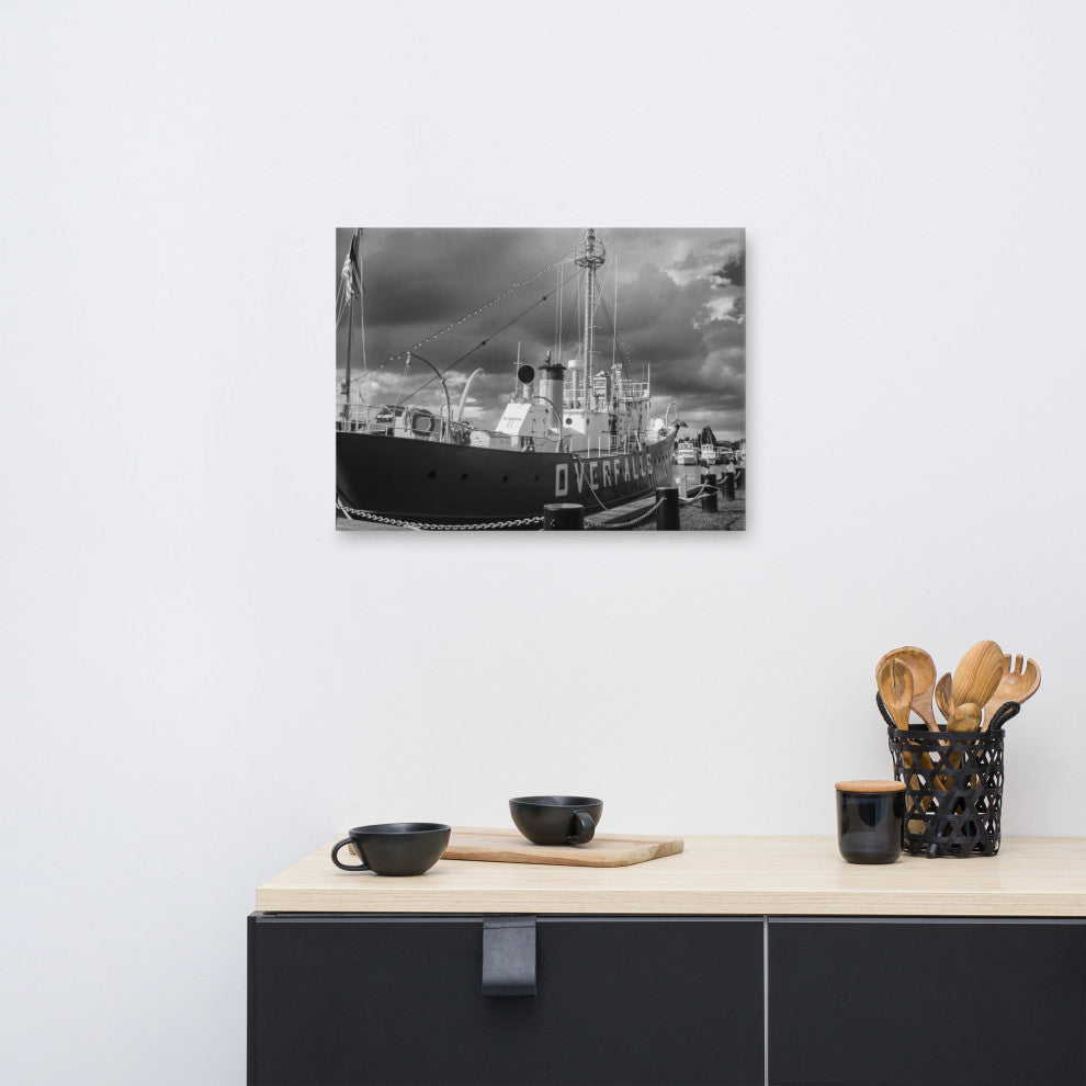 Overfalls Lightship Black & White Photo Canvas Wall Art Print, 18" X 24"