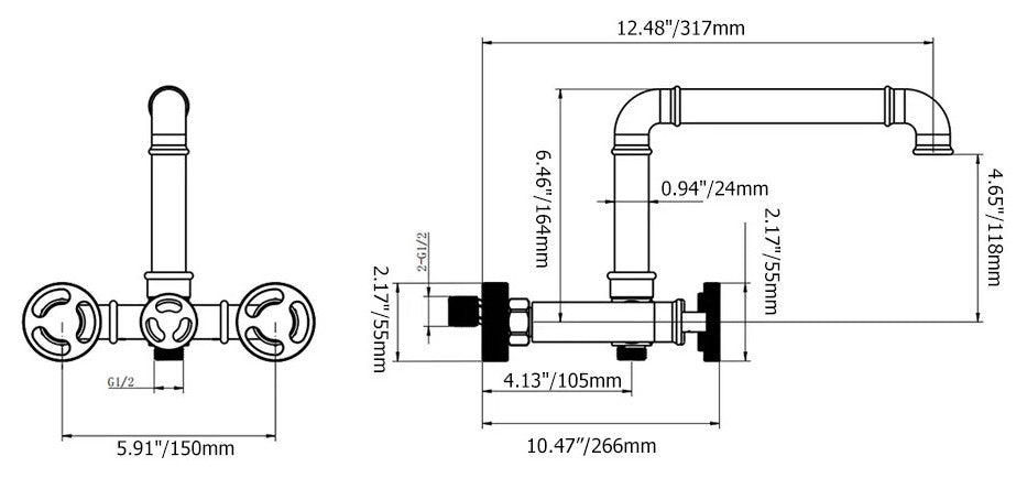Ruth Industrial Pipe Wall Mounted Bathtub Filler Faucet with Hand Shower