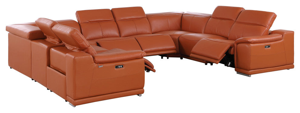 Federico 8-Piece Italian Leather U-NC Sectional, 4 Power Recliners, Camel