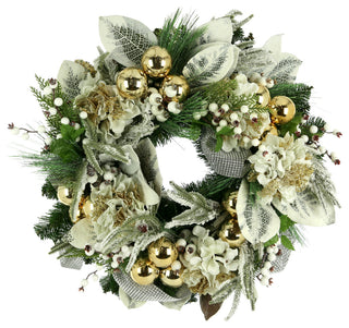 28" Hydrangea Holiday Wreath with Snowy Leaves