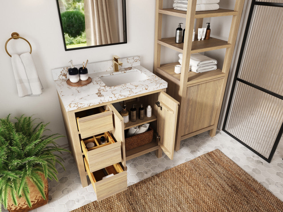 Elizabeth Oak 36" Right Offset Sink Vanity, White 1.5" White Quartz