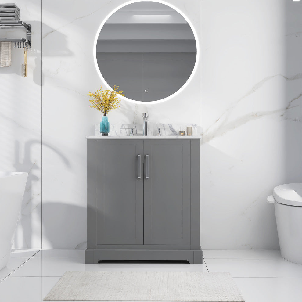 30" W x 22" D x 33" H Bath Vanity, Grey With Carrara White Marble