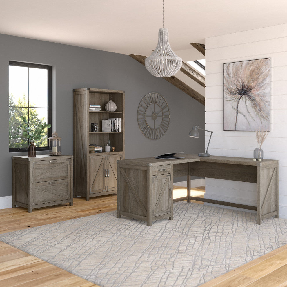 kathy ireland Cottage Grove 60 L Shaped Desk, Cabinet & Bookcase, Restored Gray
