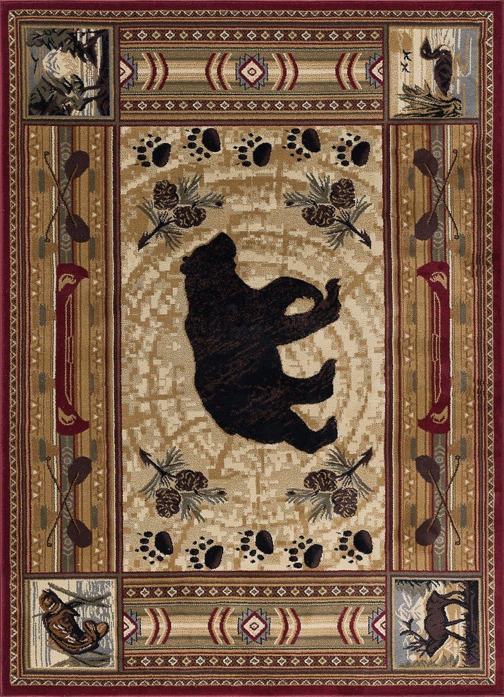 Black Bear Novelty Lodge Pattern Red Rectangle Area Rug, 4'x5'