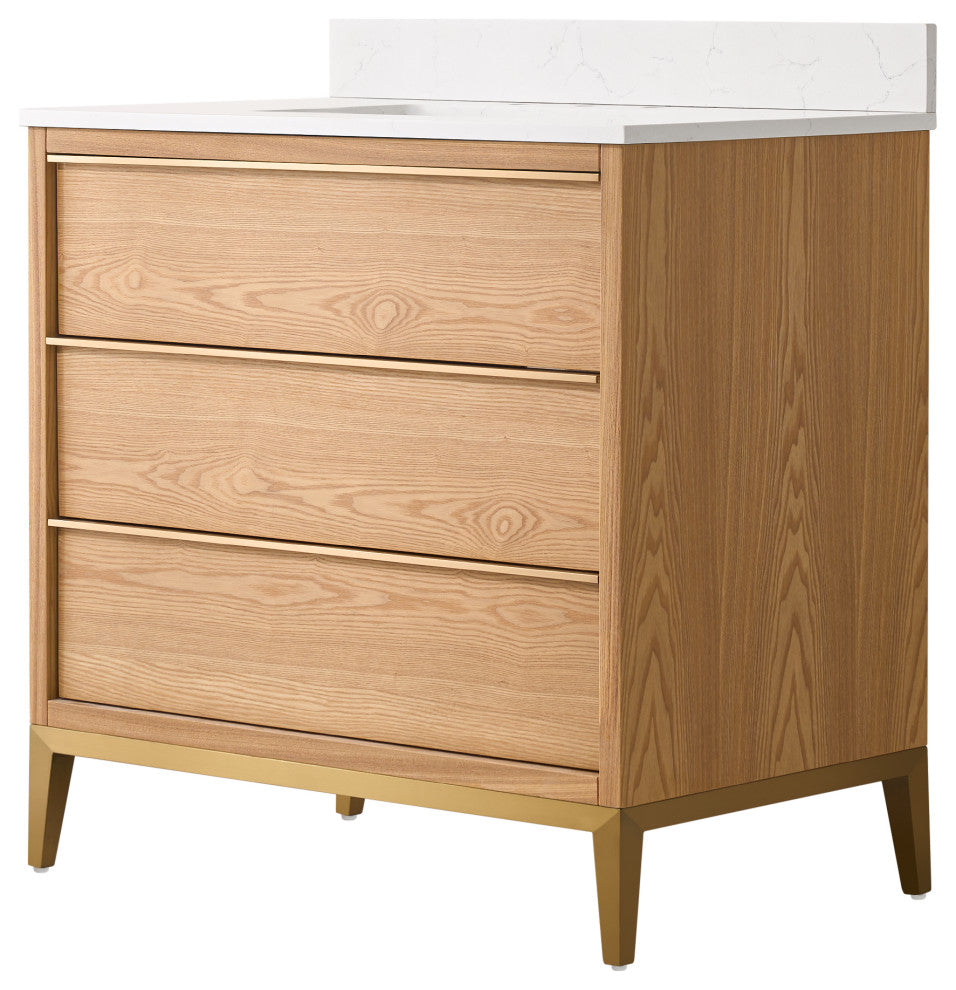 Nolan Freestanding Bathroom Vanity with Quartz Top, Light Oak, 36"