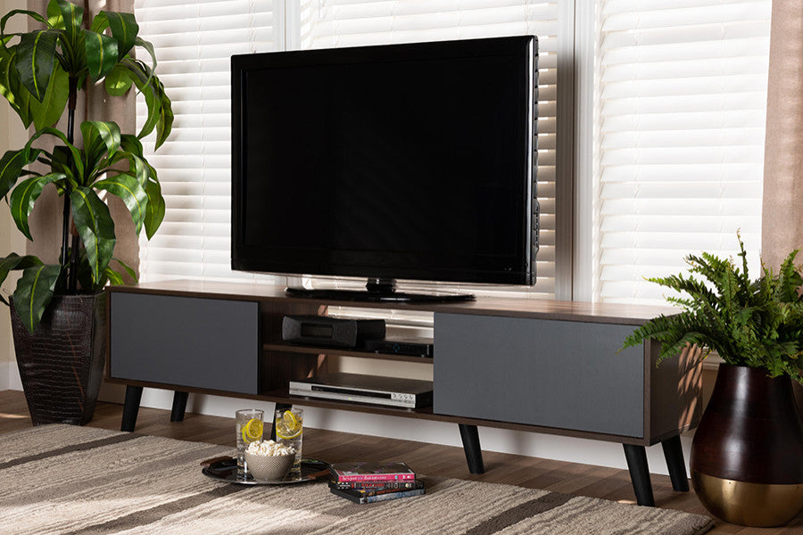 Coreen Scandinavian Modern Gray and Walnut Brown TV Stand