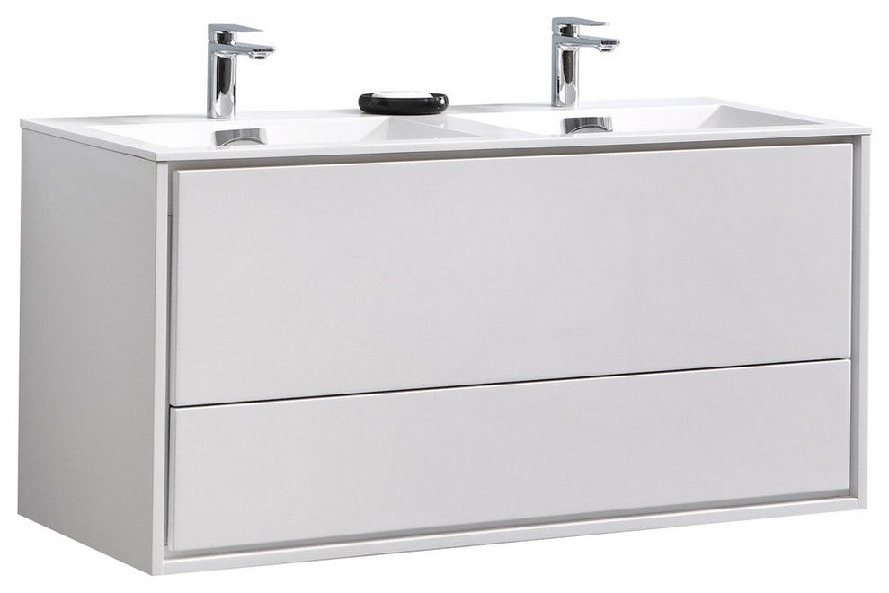 DeLusso 48" Double Sink Wall Mount Bathroom Vanity, Ocean Gray, High Gloss White