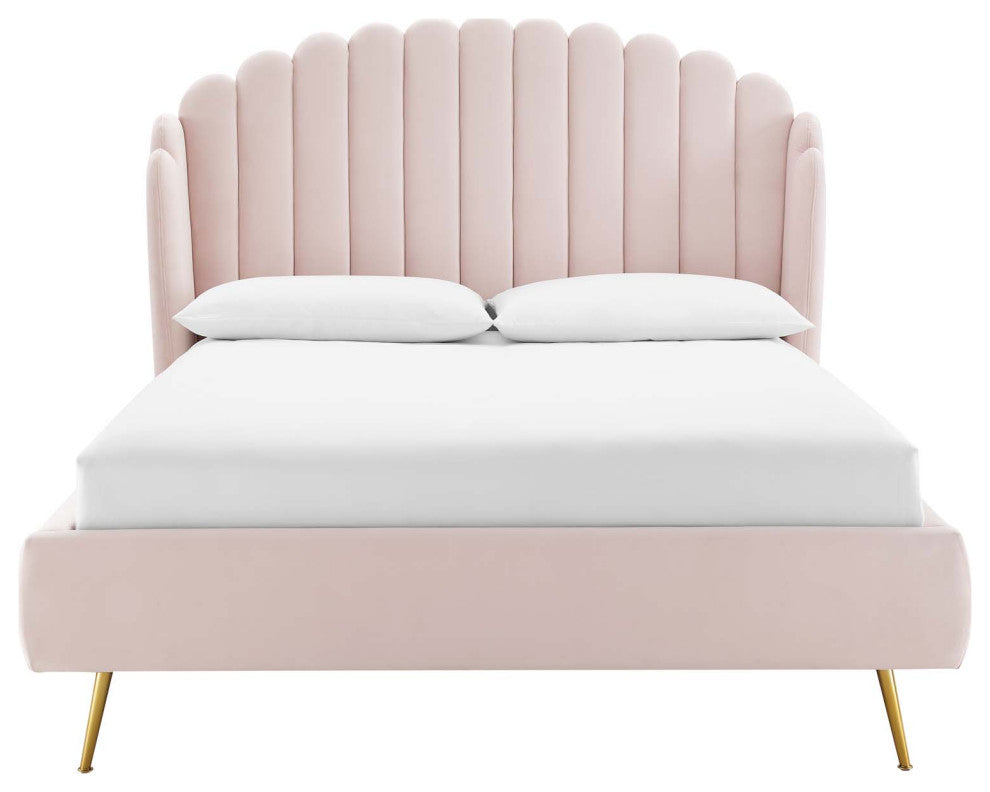 Platform Bed Frame, Queen Size, Velvet, Pink, Modern Contemporary, Bedroom