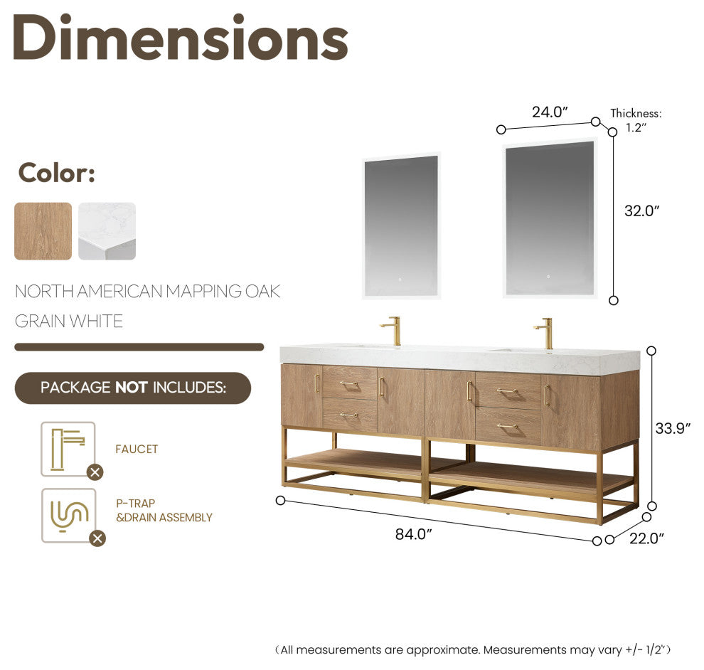 Alistair Vanity, North American Oak With Countertop, 84", With Mirror
