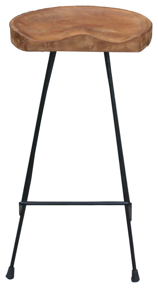 Teak Wood and Iron Barstool with Curved Comfort Seat