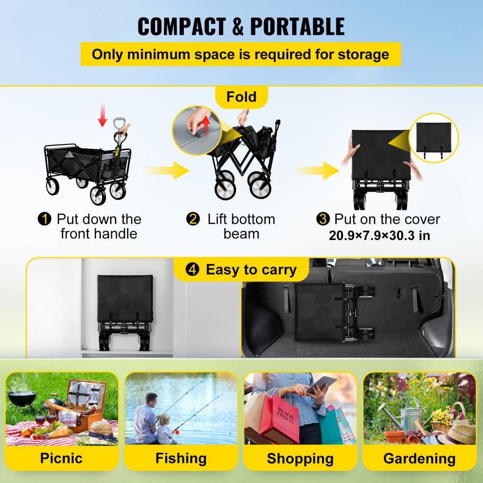 Vevor All Terrain Folding Wagon Collapsible Garden Beach Cart, Black