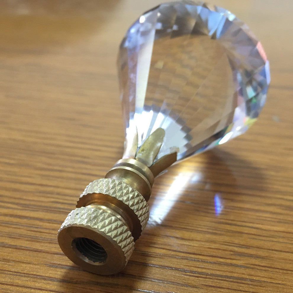 Extra Large Diamond Gem Cut Clear Crystal Lamp Finial with Polished Brass Base