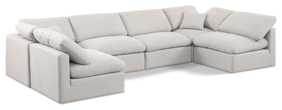 Indulge Upholstered Modular U-Shaped Sectional, Cream, 6-Piece: 4 Armless Chair, 2 Corner Chair, Down Stuffed Linen Textured Fabric