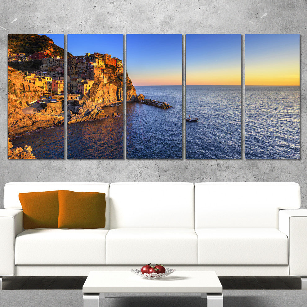 "Manarola Village Beach Panorama" Landscape Wall Art Print, 5 Panels, 60"x28"