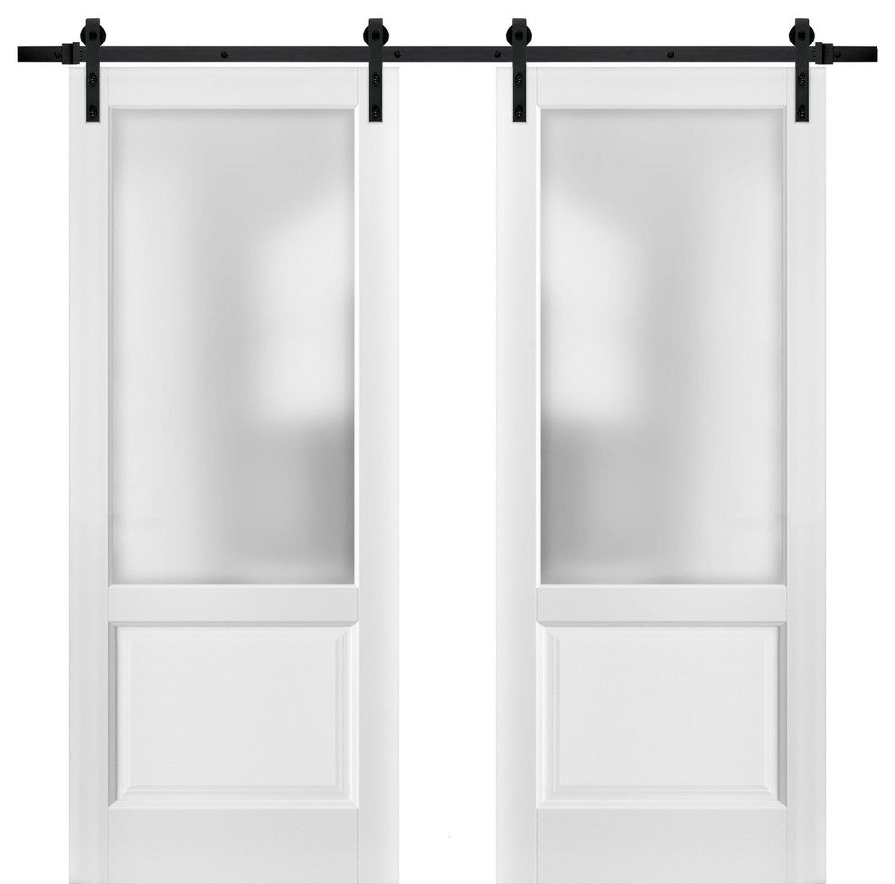 Double Barn Doors 64x80 & 13FT Hardware|Lucia 22 Matte White & Glass |Wood Panel