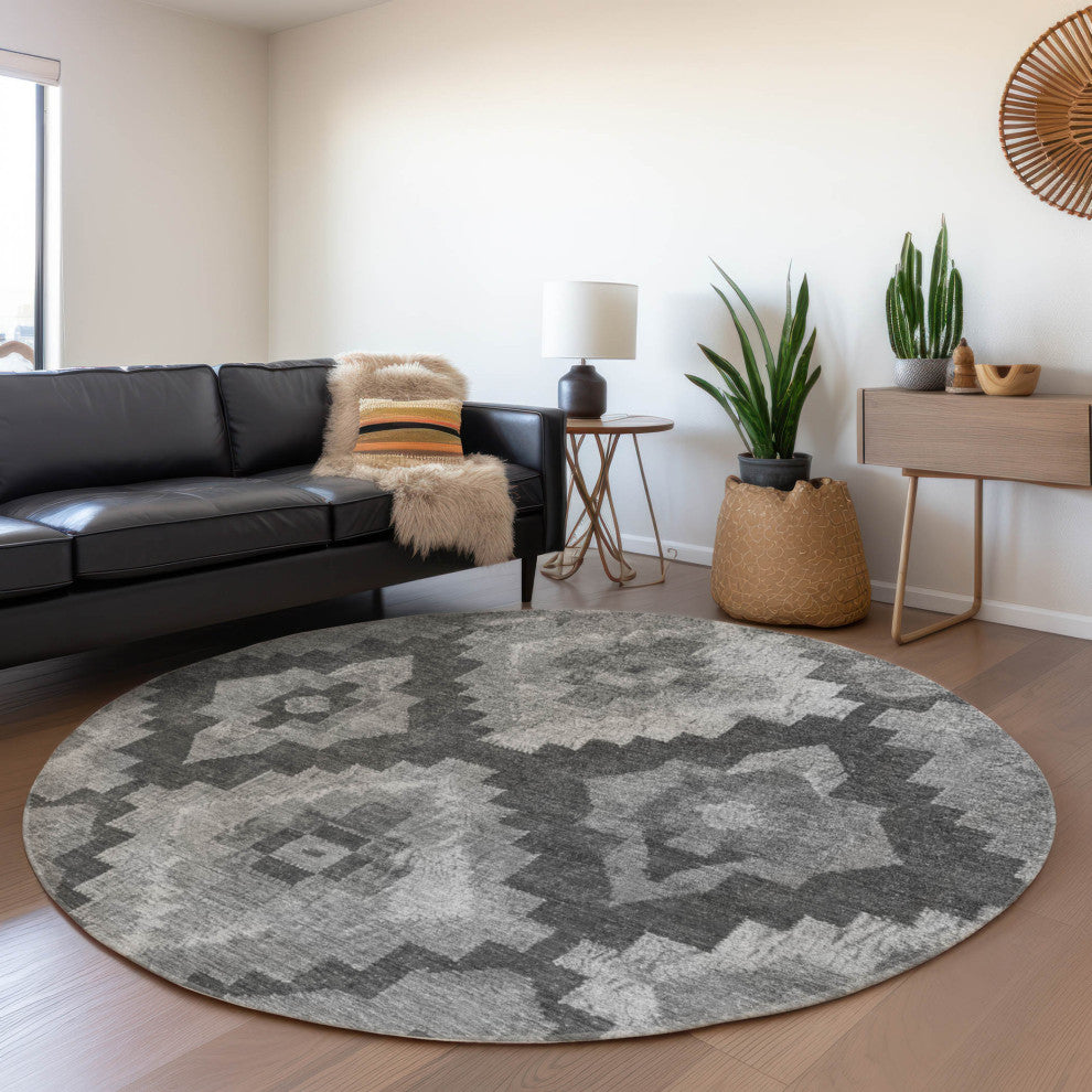 Machine Washable Indoor/Outdoor Chantille ACN1894 Gray 8' x 8' Round Rug