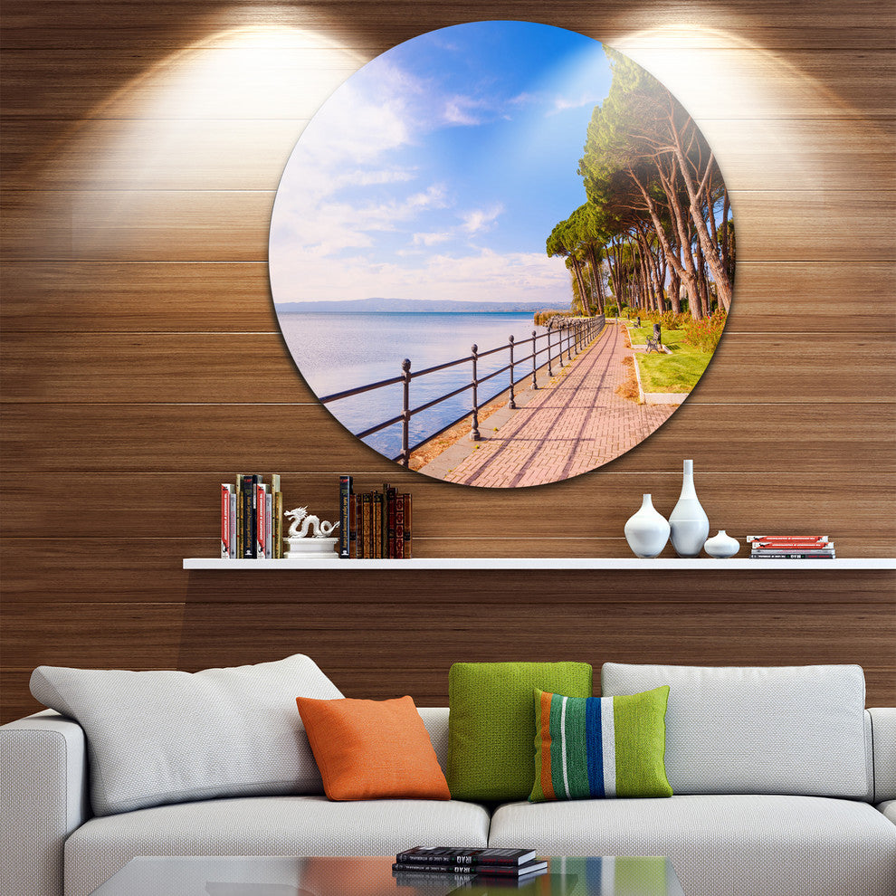 Promenade And Pine Trees In Italy, Landscape Disc Metal Wall Art, 23"
