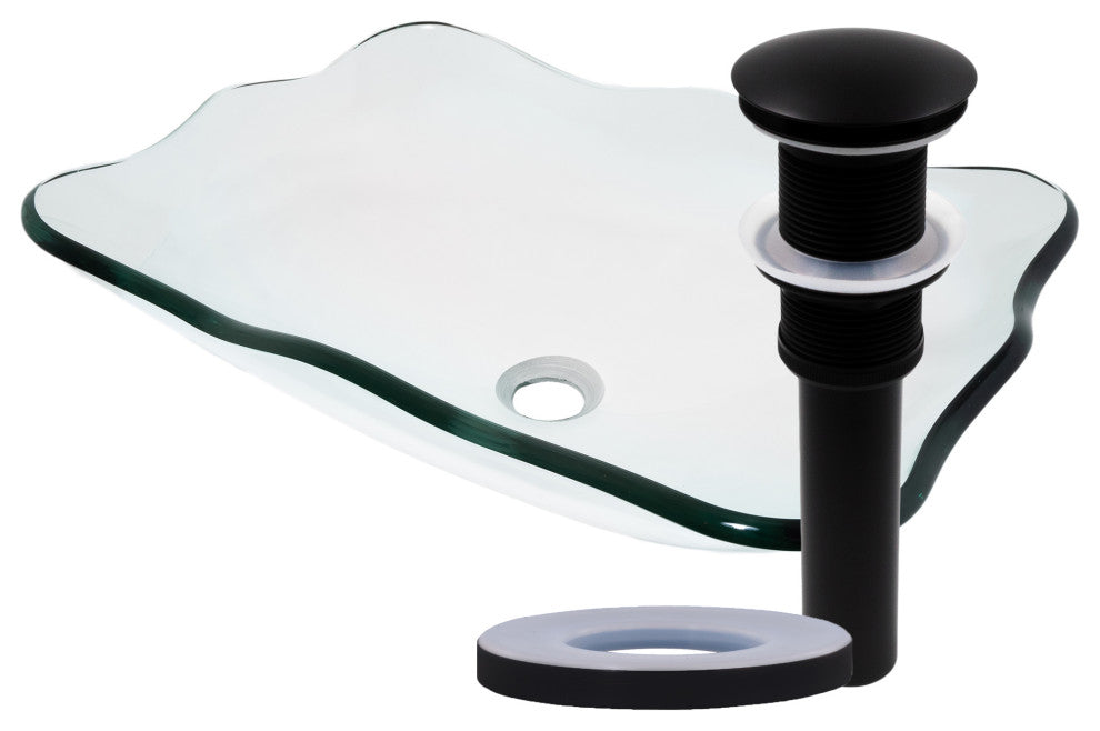 Elegante TIS-317C Clear Scalloped Glass Vessel Bathroom Sink w/ Drain Options, Matte Black
