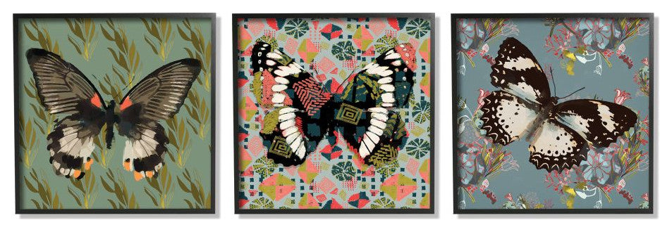 Butterflies On Pink Blue Gold Patterns Abstract Designs 3-Piece Set, 12"x12"