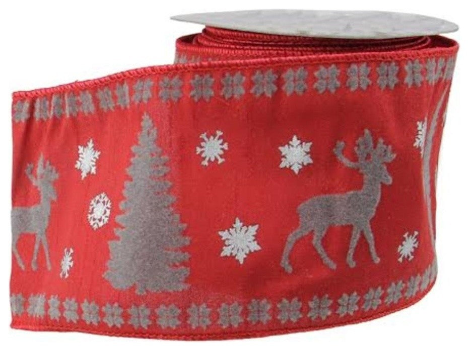 Alpine Chic Red and Dark Gray Reindeer Christmas Craft Ribbon 4"x10" Yards