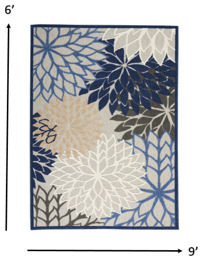 6' X 9' Blue And Gray Floral Indoor Outdoor Area Rug