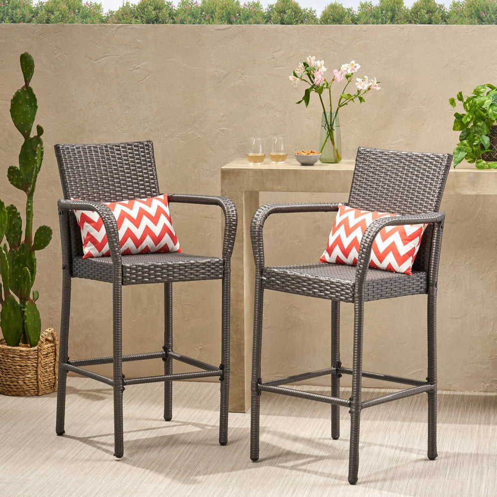 GDF Studio Dunedin Outdoor Gray Wicker Barstools, Set of 2