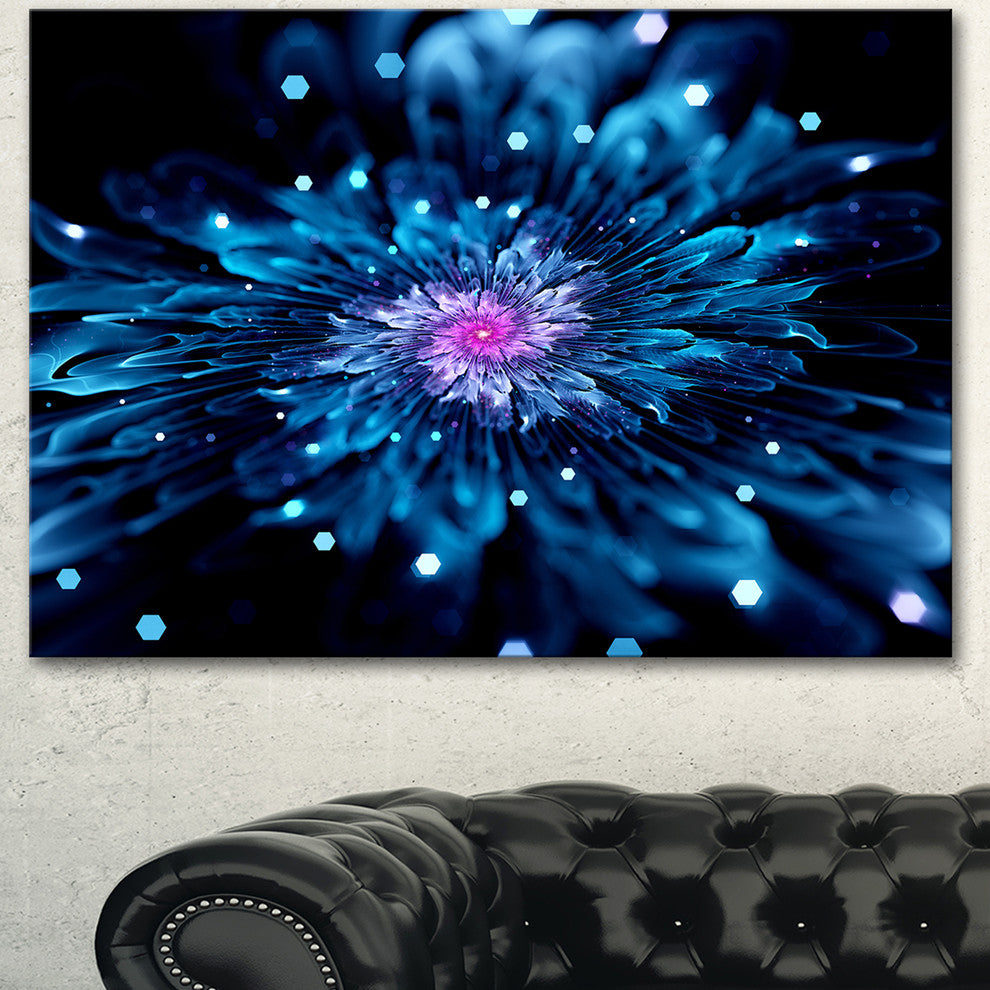 Blue Fractal Flower with Shiny Particles, Flower Artwork on Canvas, 40"x30"