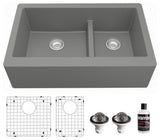 Karran Farmhouse Quartz 34" Double Offset Bowl Sink Kit, Grey
