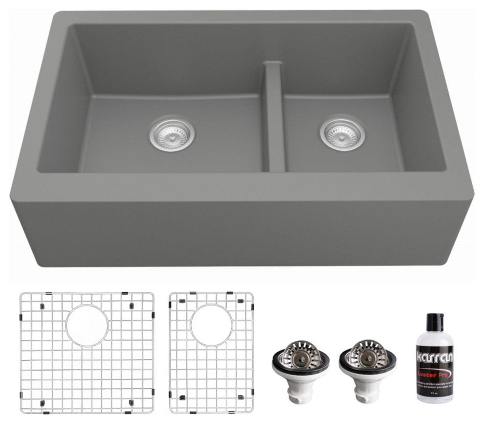 Karran Farmhouse Quartz 34" Double Offset Bowl Sink Kit, Grey