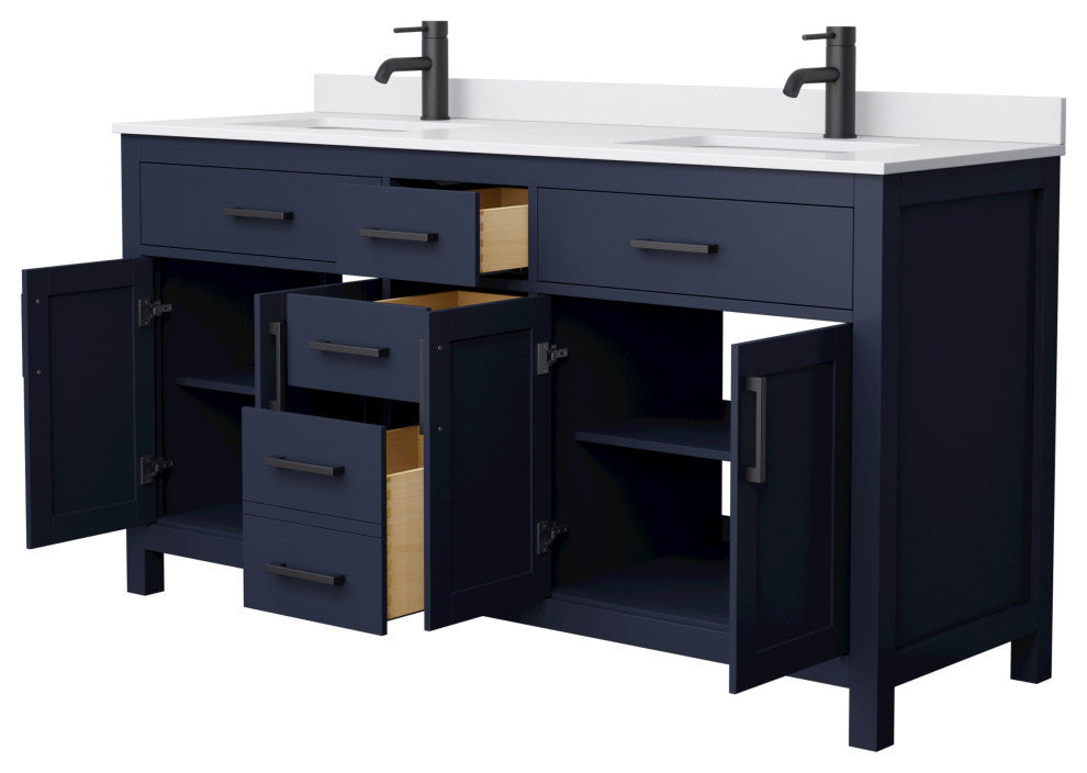66"DBL Vanity Dark Blue, White Cult. Marble Countertop, Sinks, Black Trim