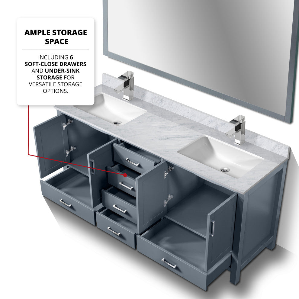 Jacques 72" Dark Gray Double Vanity Carrara Marble Top Sinks, 70" Wall Mirror