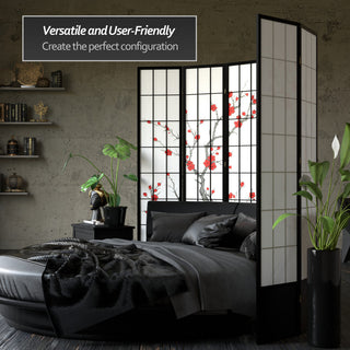 7' Tall Cherry Blossom Shoji Screen, Black, 3 Panels