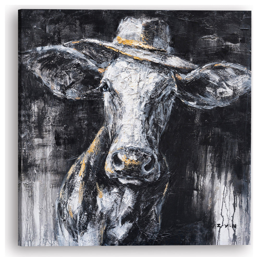 "Cow Wearing a Hat Hand Painted" Canvas Artwork, 40"x40"