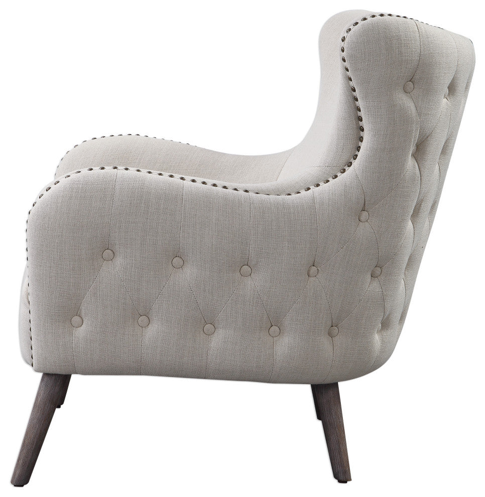 Sculpted Wide Cream Wing Back Lounge Chair Arm Button Tufted Contemporary Modern