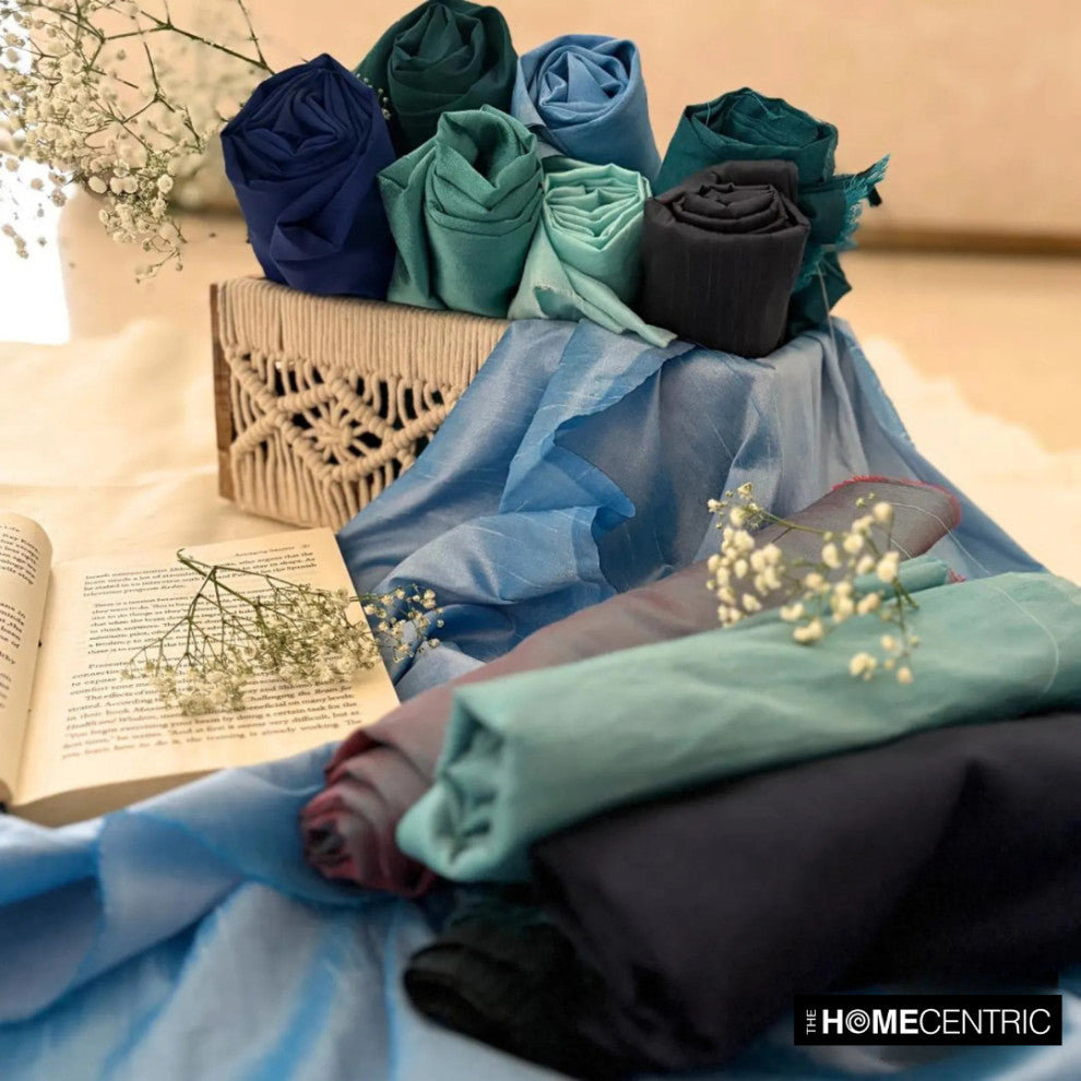 Gold, Turquoise Blue Art Silk Fabric By The Yard, 2 Yards For Curtain, Dress