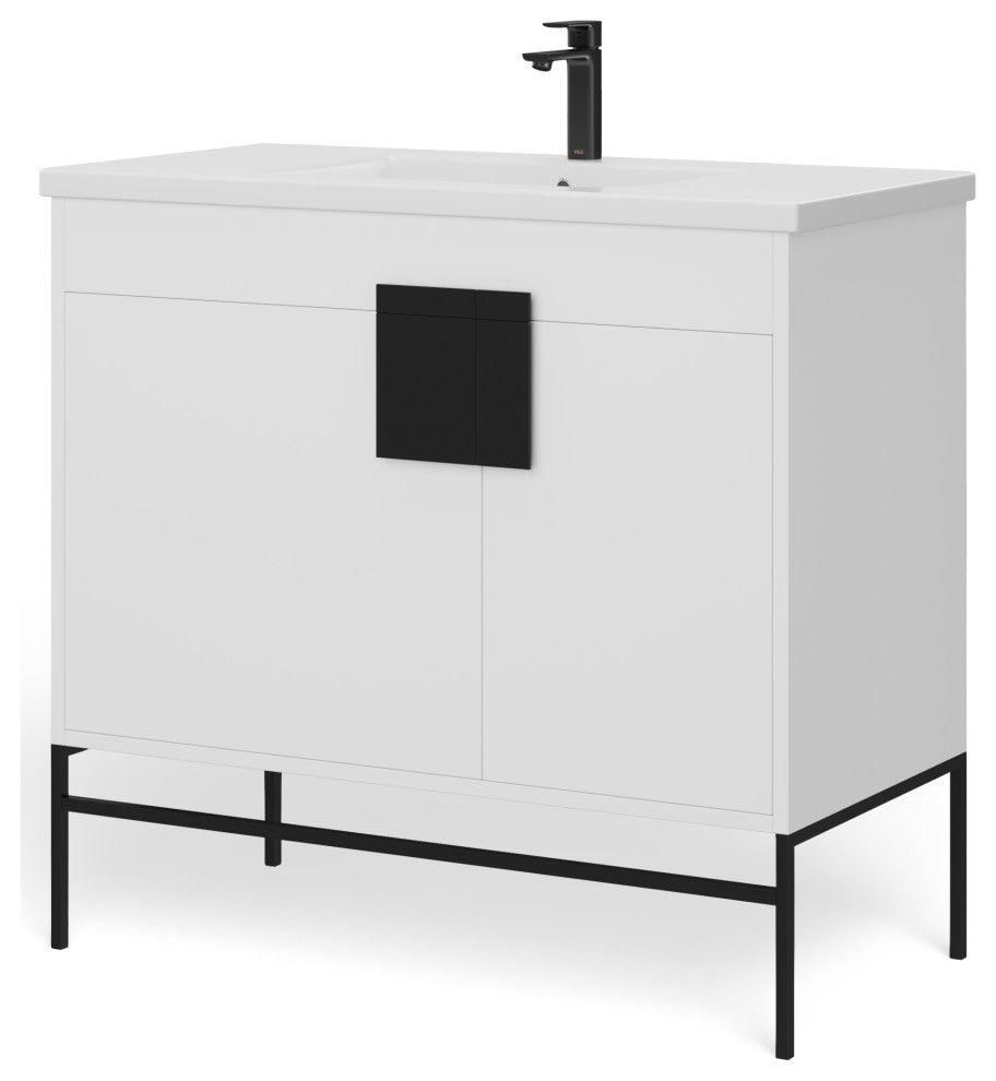 Lockhart Bath Vanity, White, 36", Black Hardware, Single Sink, Freestanding