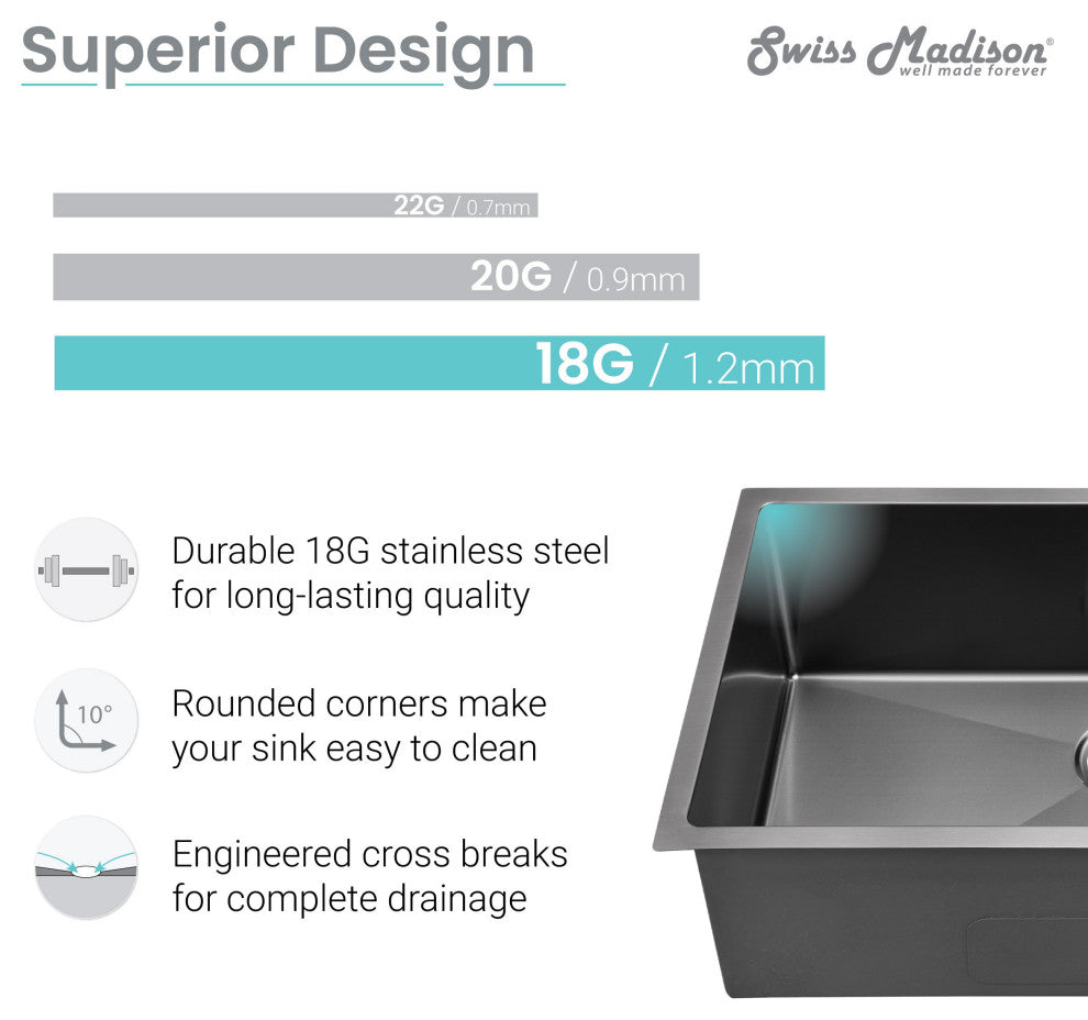 Rivage 30"x18" Stainless Steel, Single Basin, Undermount Kitchen Sink, Black