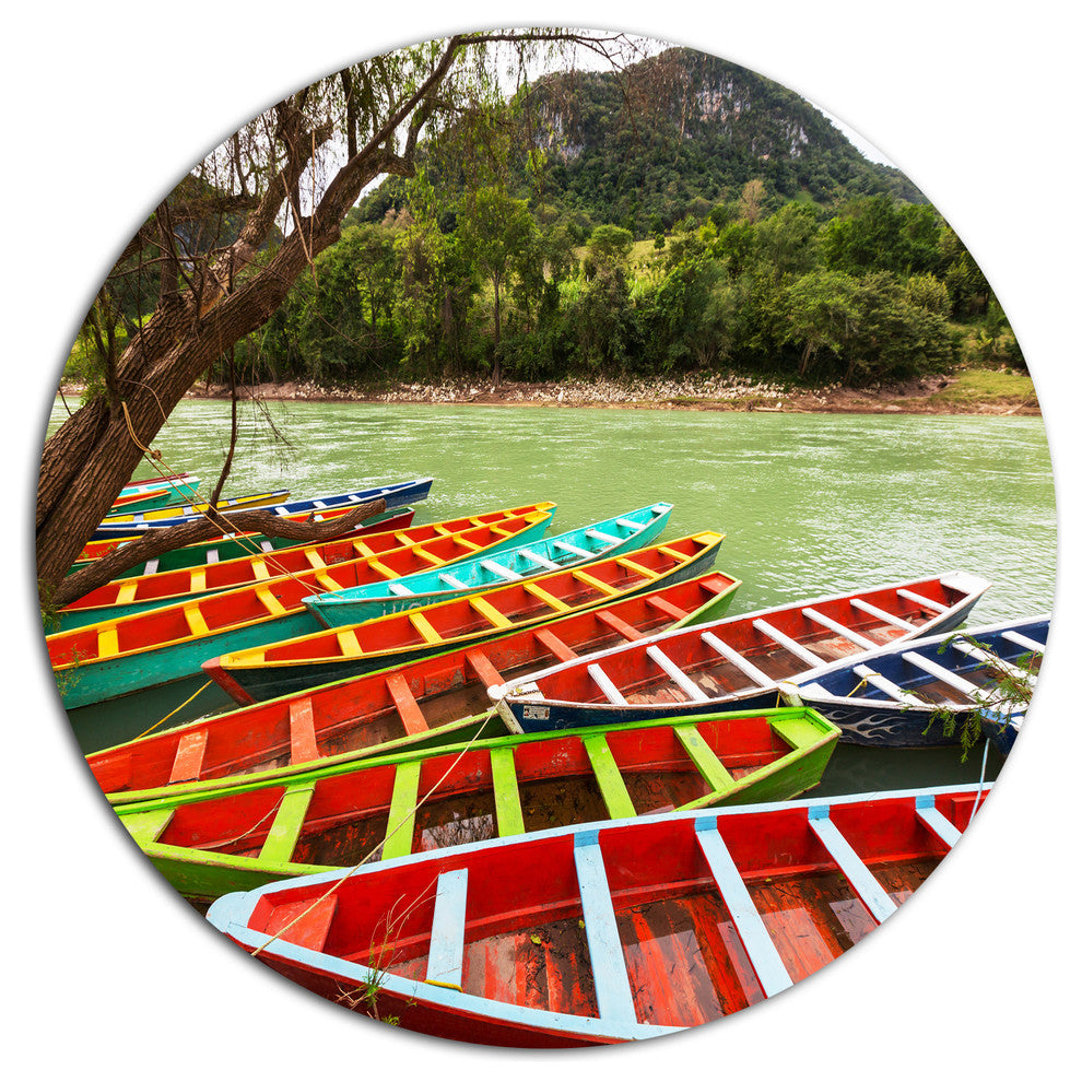 Colorful Boats In Mexico, Landscape Disc Metal Artwork, 11"
