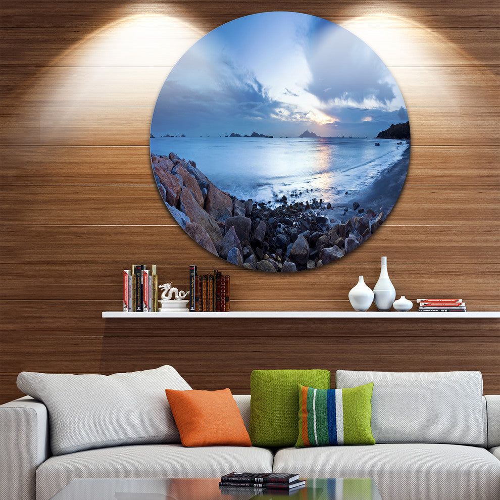 Blue Sea Sunset On Sandy Coastline, Seascape Disc Metal Wall Art, 23"